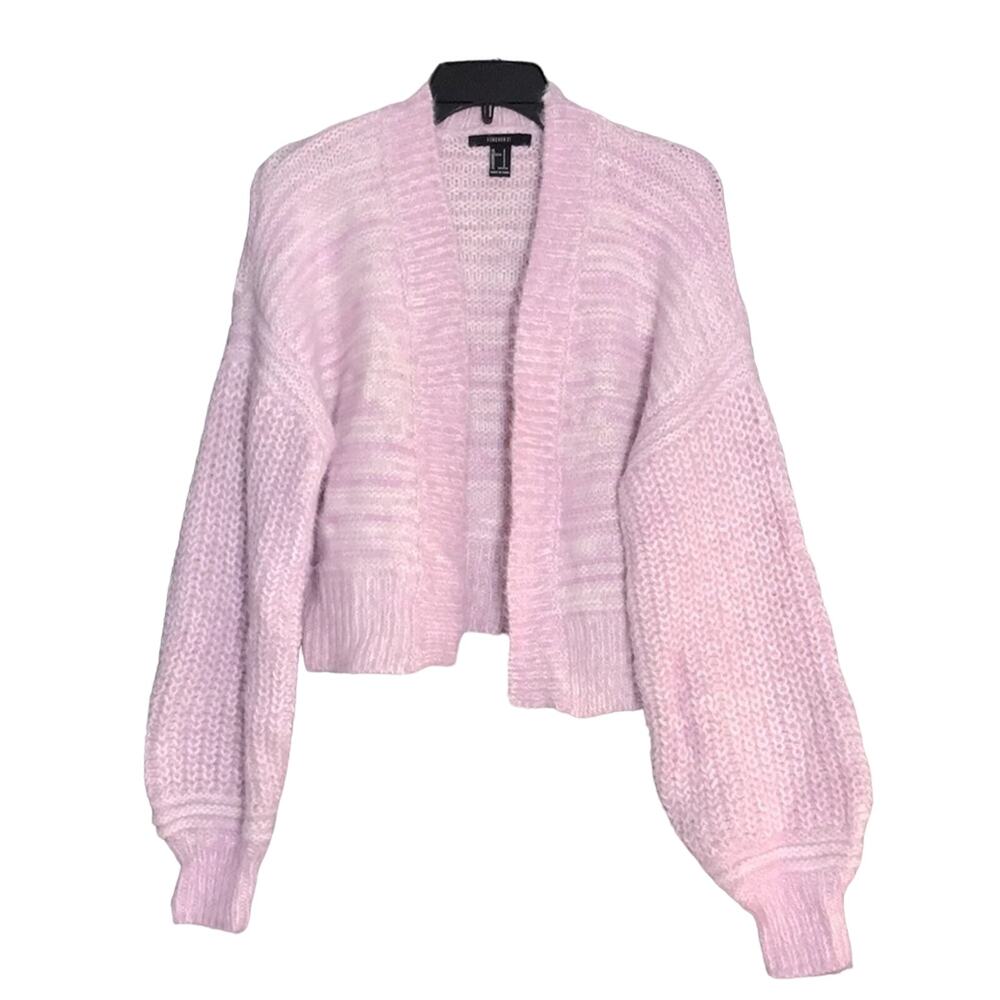 Forever 21 Chunky Knit Crop Cardigan Bishop Sleeve Ribbed Pink White Coquette